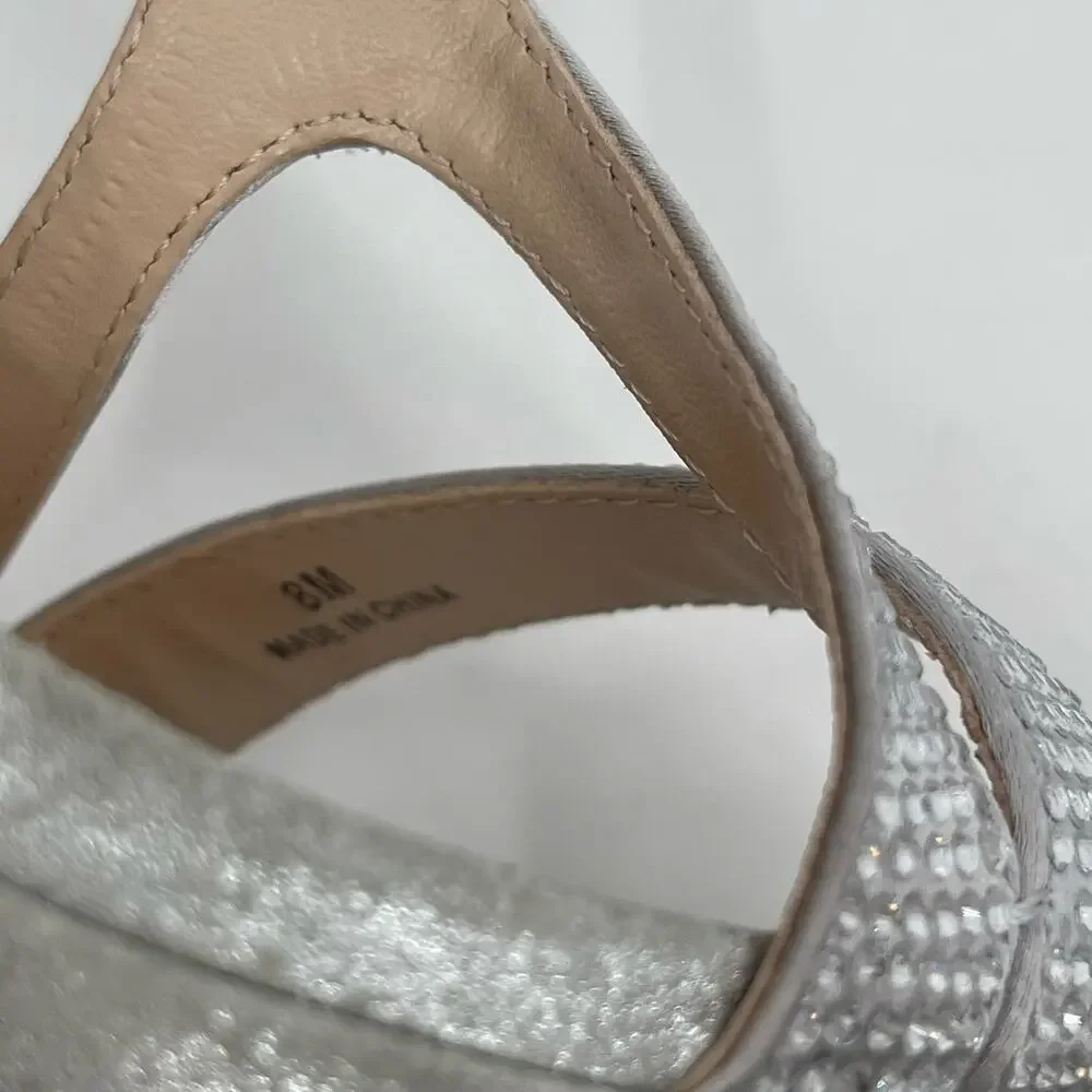 PELLE MODA Heels Size 8 Onora Platform Silver Rhinestone Crystals Strappy Ankle